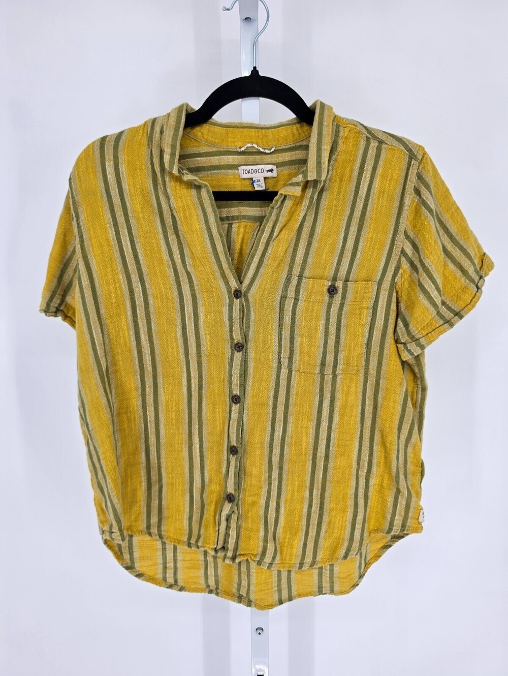 Toad & Co Womens Sz XL Short Sleeve Button Up Shirt Green Gold Striped Loose Fit